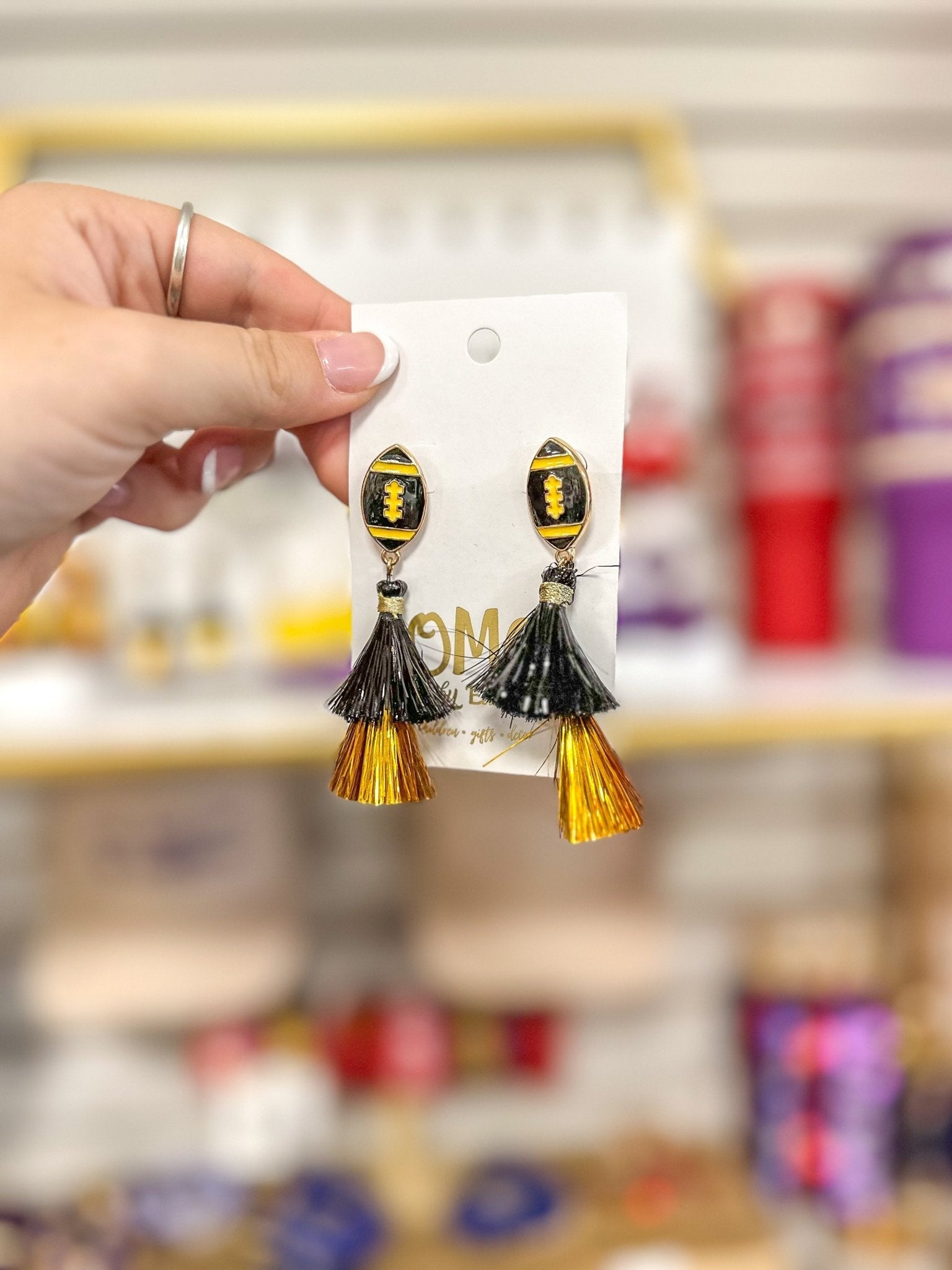 Black/Gold Football Spirit Metallic Tassel Earrings
