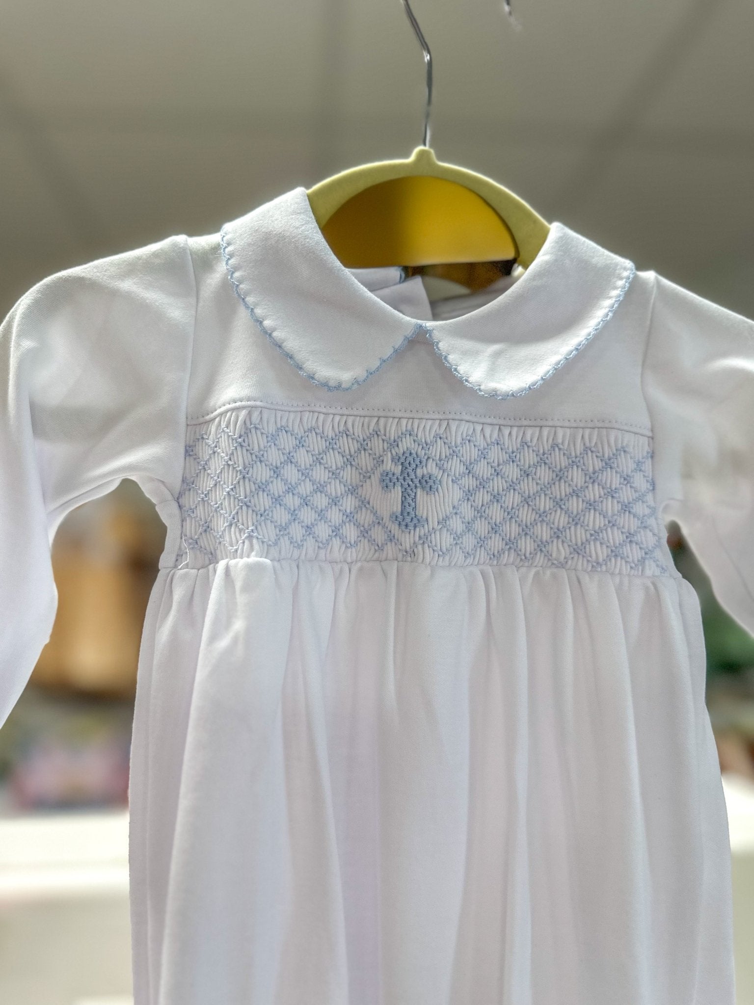 Blue Blessed Smocked Collared Long Sleeve Gown