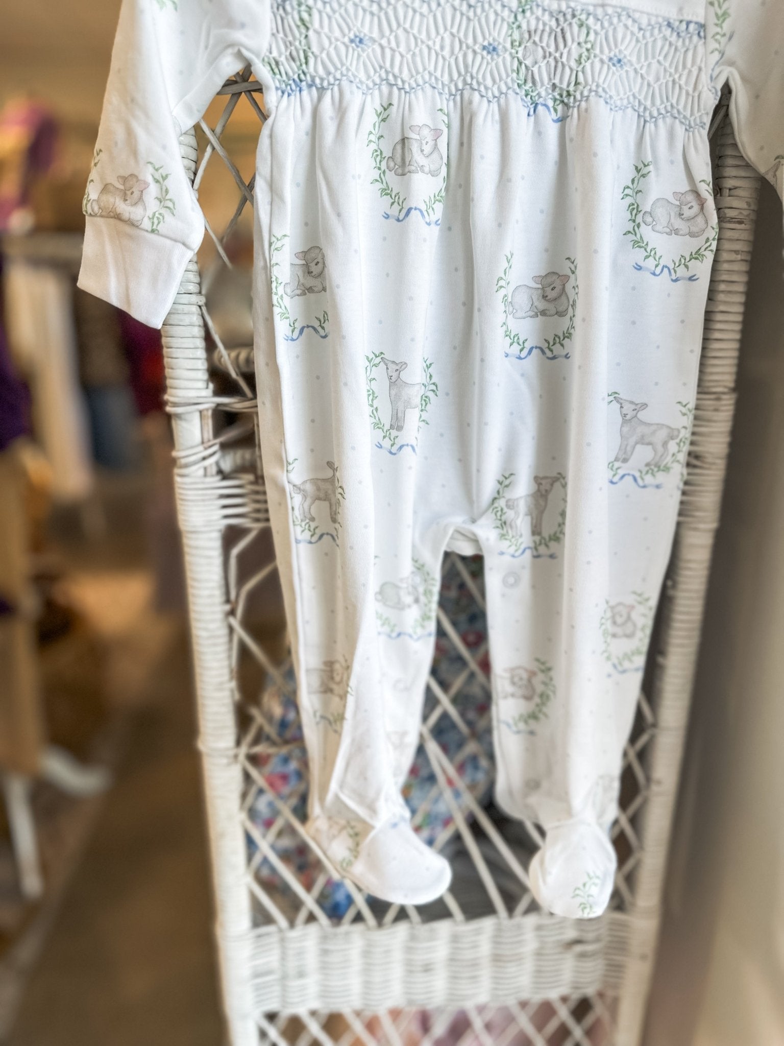 Blue Lamb Print Smocked Footie