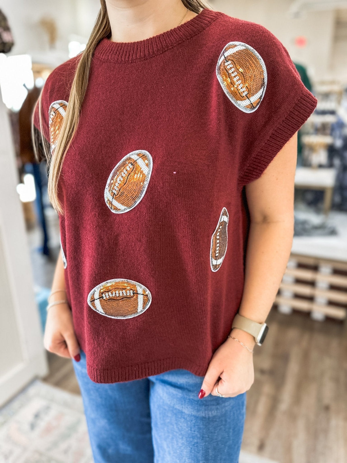 Burgundy Game Day Football Patch Sweater Top