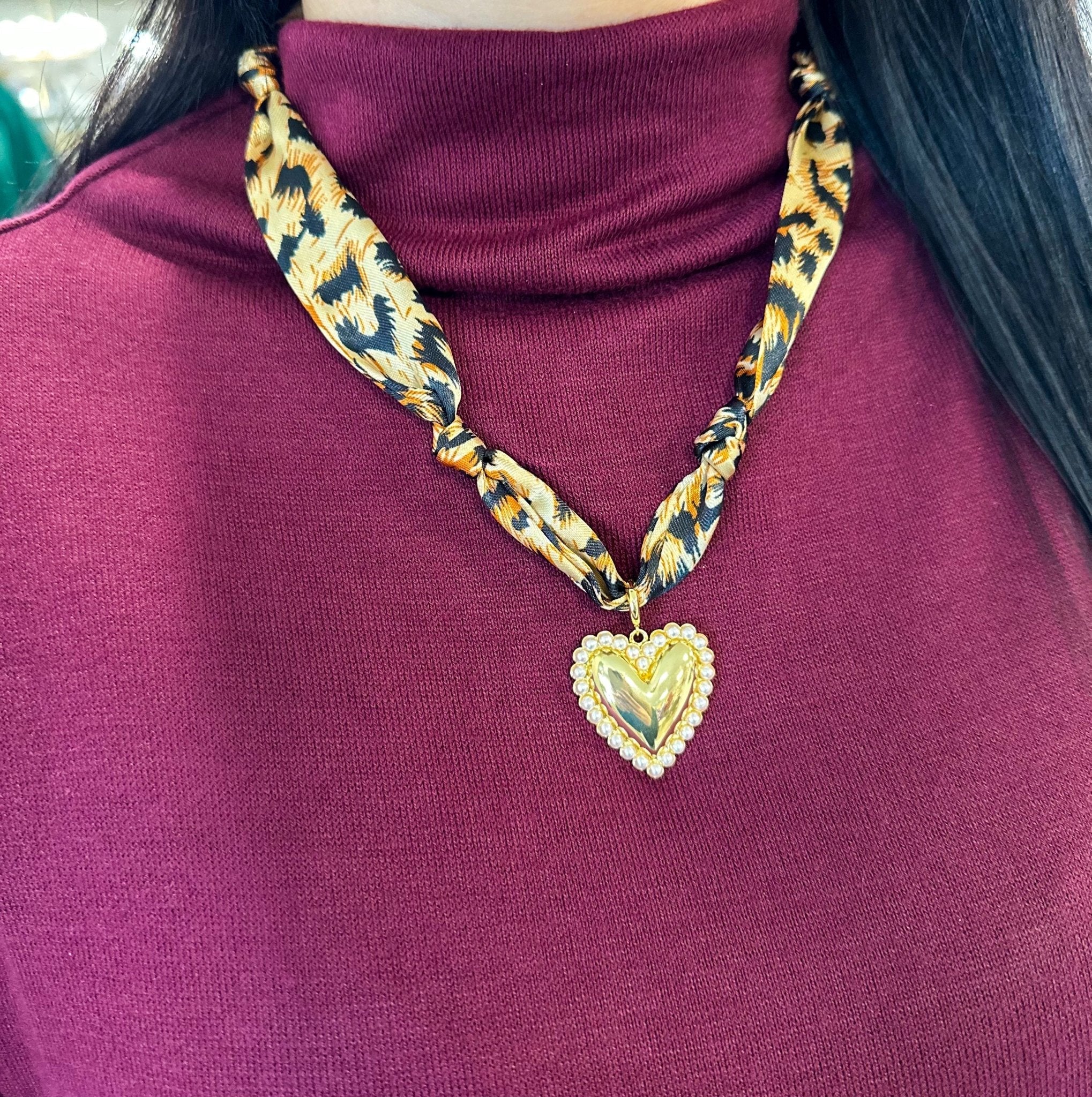 Cheetah Print Knotted Scarf Necklace W/ Pearl & Gold Heart Charm