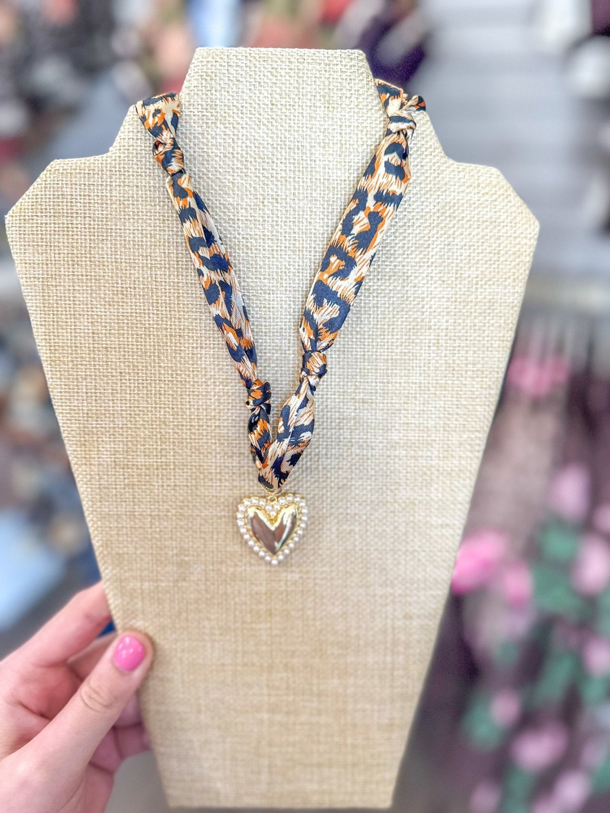 Cheetah Print Knotted Scarf Necklace W/ Pearl & Gold Heart Charm