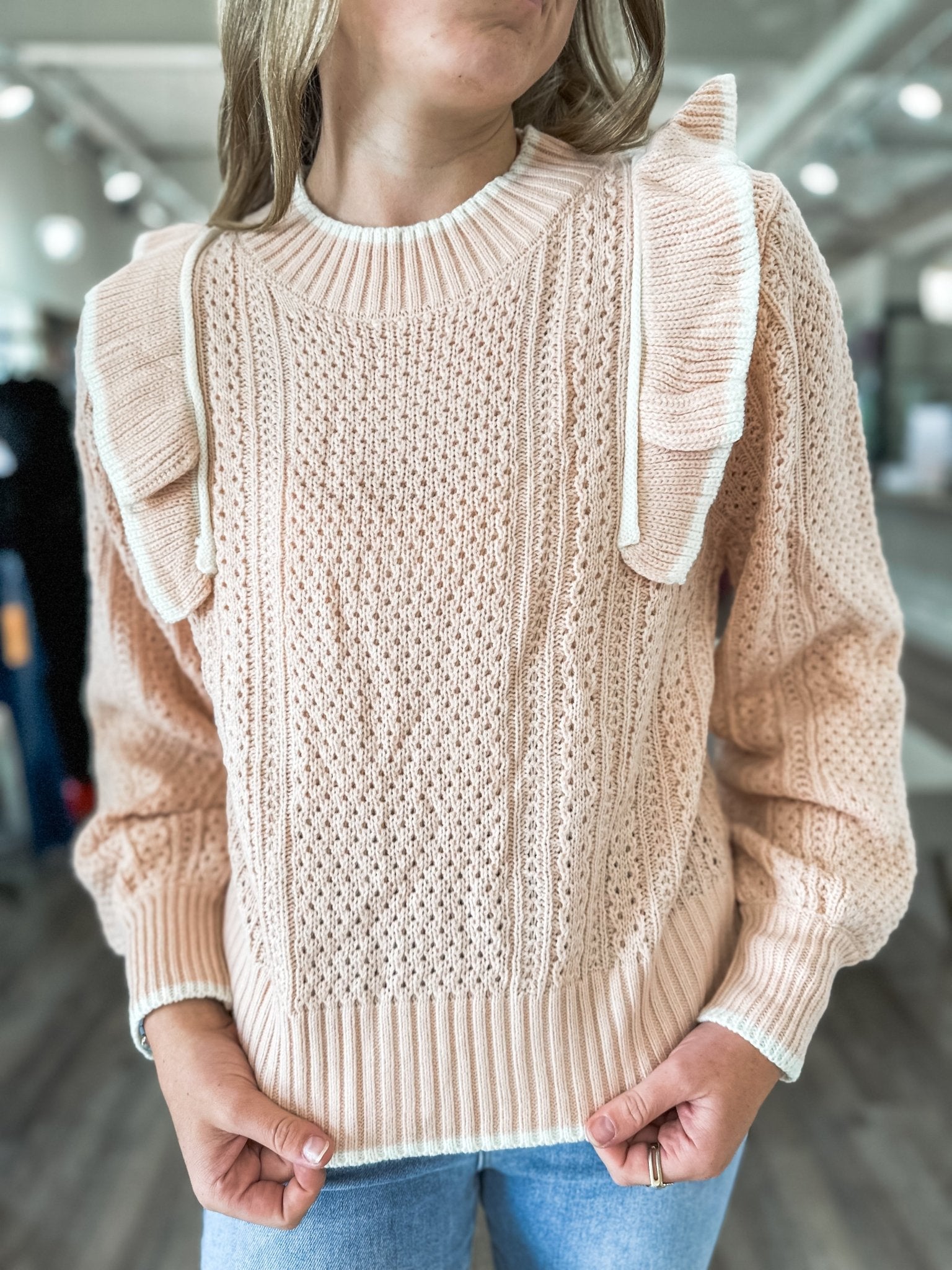 Chelsea's Blush/Ivory Ruffle Shoulder Detail Long Sleeve Sweater Top