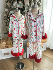 Christmas Lights Print Pajama Set W/ Red Furry Trim