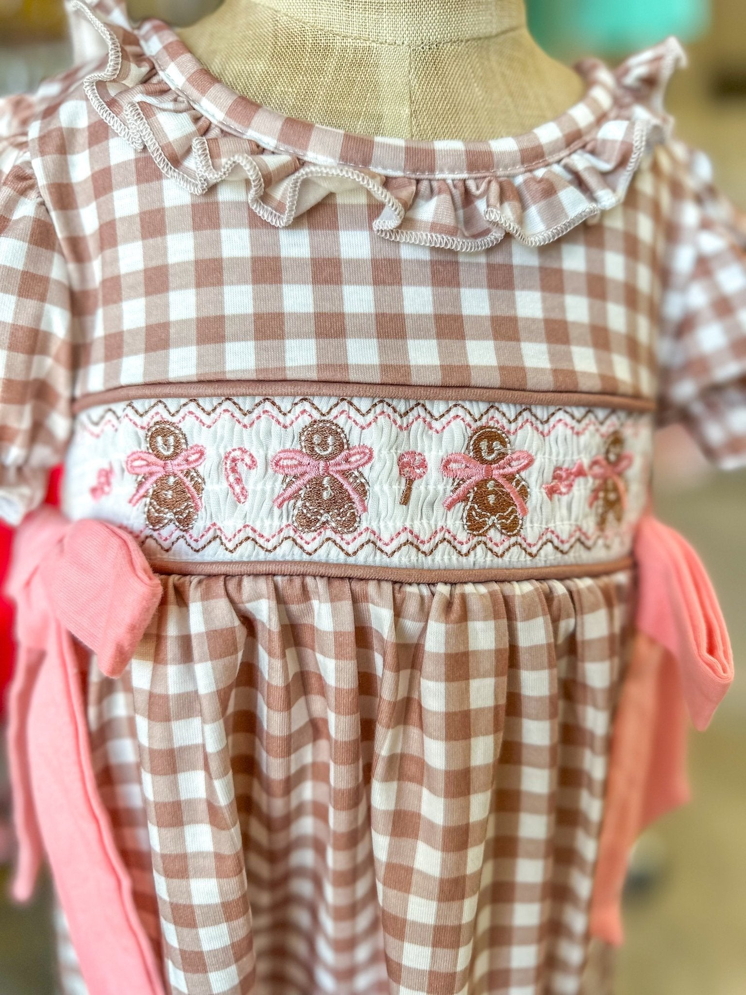 Christmas Gingerbread Vintage Style Plaid Dress & Bows