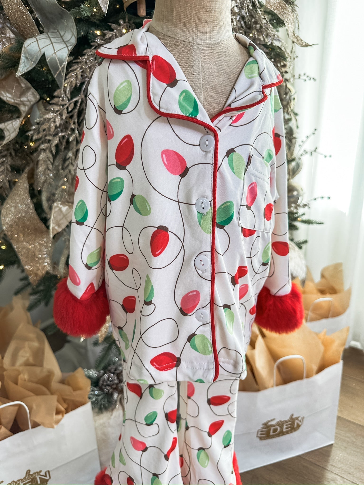 Christmas Lights Print Pajama Set W/ Red Furry Trim