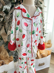 Christmas Lights Print Pajama Set W/ Red Furry Trim