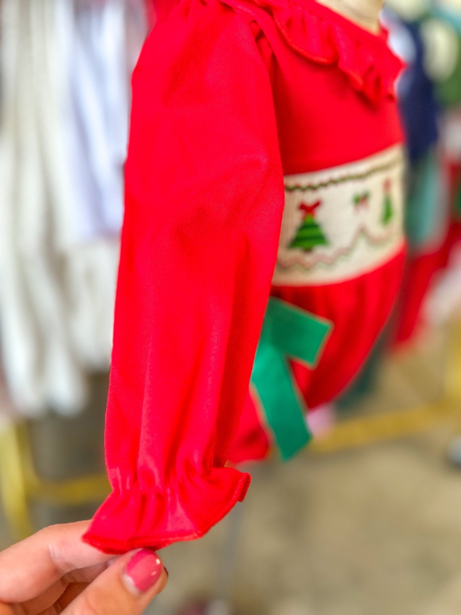 Christmas Smocked Girls Romper W/ Green Bow & Tree Embroidery