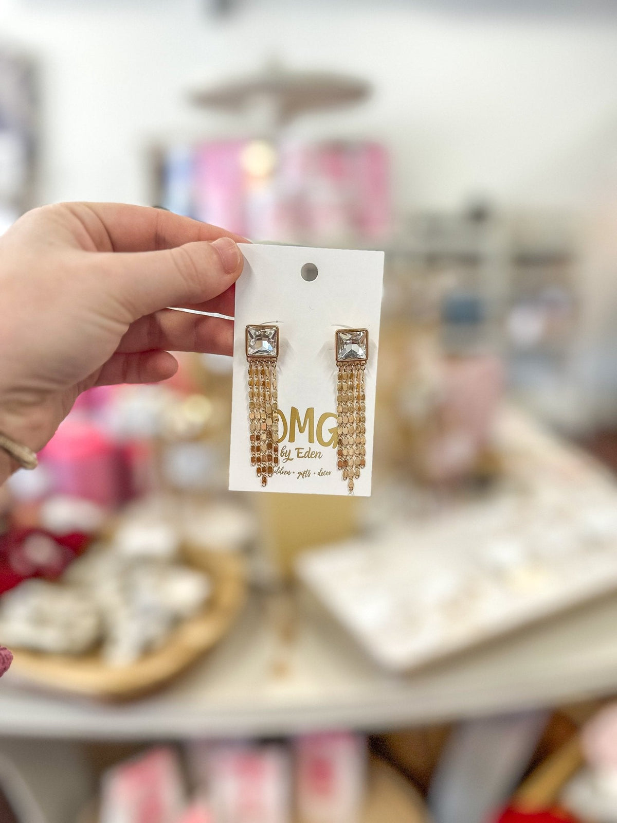 Clear Rhinestone W/ Gold Chain Tassel 2 Earrings